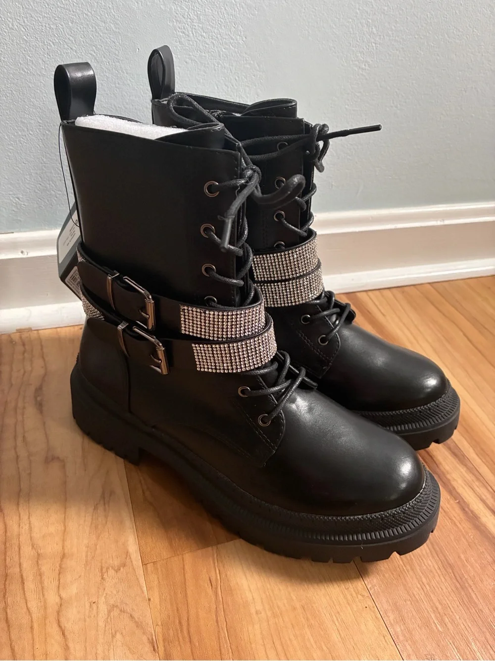 Forever 21 Black Rhinestone Strap Combat Booties